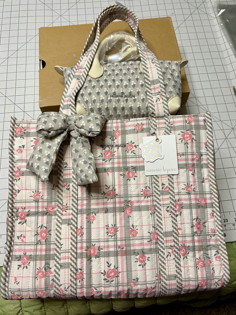 Nanette Lepore Pink Floral Plaid Quilted Tote with Bow Charm and Mini Bag
